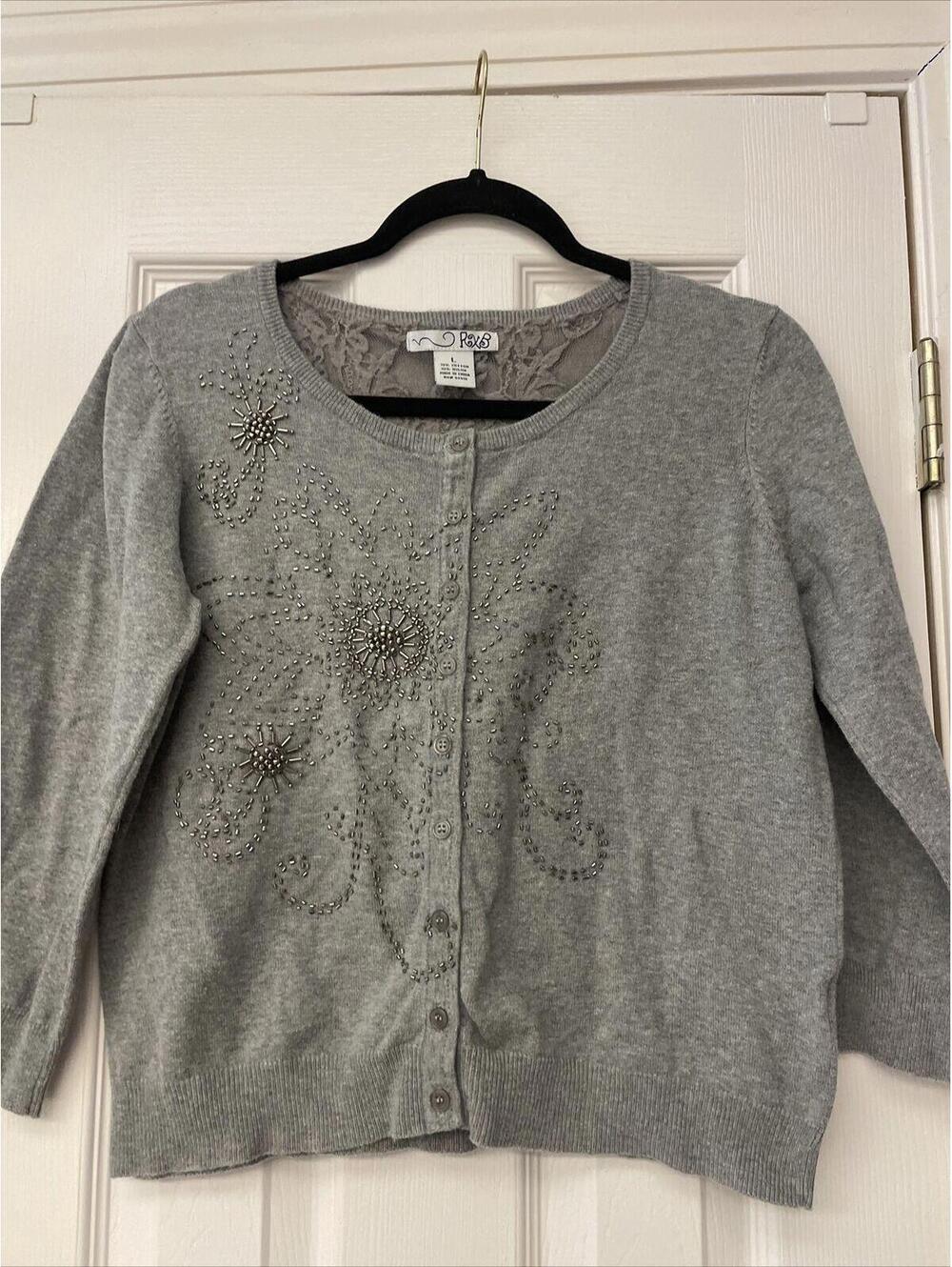 Girls Gray Beaded Holiday Party Christmas Cardigan. RXB. Size L. Casual Party